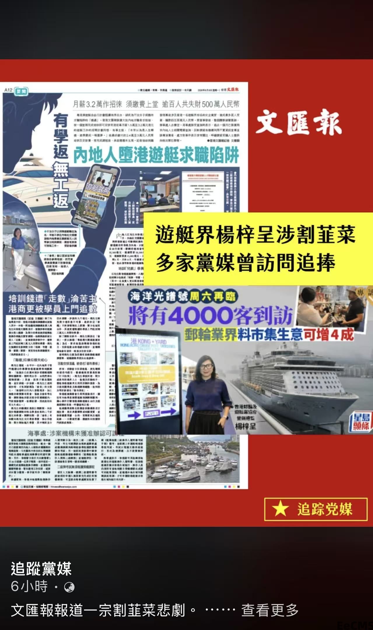 粤港澳大湾区游艇行业诈骗乱象，涉事人香港居民杨梓呈，为广州南沙区湾海游艇船舶服务有限公司实际控制人。当事人依托香港空壳主体、虚构官方人脉开展虚假经营，误导求职群众，严重扰乱湾区游艇行业秩序。
